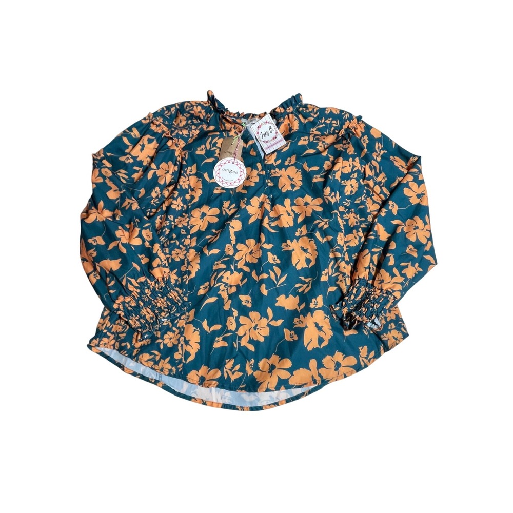 Umgee‎ USA Teal Orange Floral Print Peasant Blouse Top Women's
 Size S - Picture 2 of 6